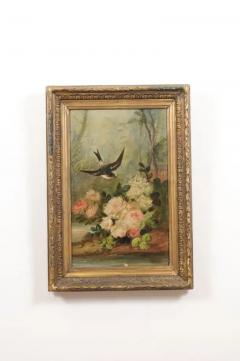French Napol on III 1850s Oil on Canvas Framed Painting with Bird and Roses - 3485475