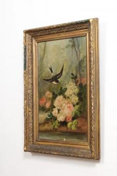 French Napol on III 1850s Oil on Canvas Framed Painting with Bird and Roses - 3485480
