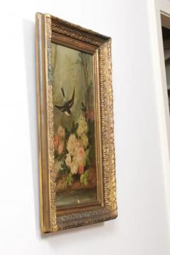 French Napol on III 1850s Oil on Canvas Framed Painting with Bird and Roses - 3485481