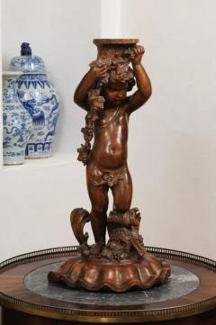 French Napol on III 1860s Carved Walnut Sculpture of a Putto Carrying a Vessel - 3485523