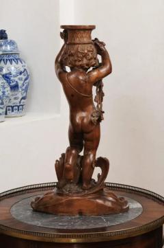 French Napol on III 1860s Carved Walnut Sculpture of a Putto Carrying a Vessel - 3485533