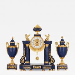 French Neoclassical style lapis and gilt bronze clock set - 1602759