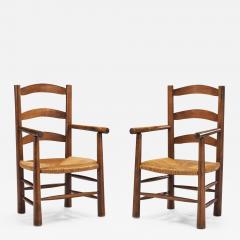 French Oak Armchairs with Woven Rush Seat France 1950s - 2437190
