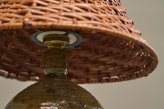 French Olive Green Glazed Studio Pottery Table Lamp with Rattan Shade 1960s - 4803294