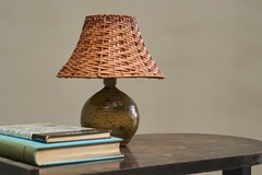 French Olive Green Glazed Studio Pottery Table Lamp with Rattan Shade 1960s - 4803299