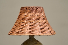 French Olive Green Glazed Studio Pottery Table Lamp with Rattan Shade 1960s - 4803427