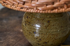 French Olive Green Glazed Studio Pottery Table Lamp with Rattan Shade 1960s - 4803428