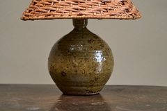 French Olive Green Glazed Studio Pottery Table Lamp with Rattan Shade 1960s - 4803473