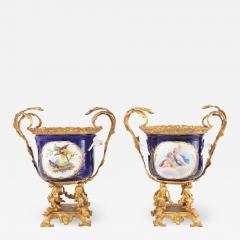 French Pair Gilt Bronze Mounted Porcelain Pair Urns Vases - 1947498
