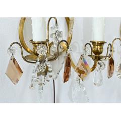 French Pair of 19th Century Brass Crystal Sconces - 4811764