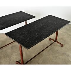 French Pair of Fossil Marble Iron Trestle Base Bistro Tables - 4313551