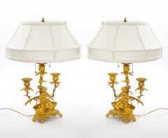 French Pair of Gilt Bronze Louis XVI Style Three Light Candelabra Table Lamps - 4796192
