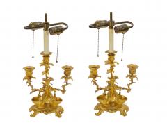 French Pair of Gilt Bronze Louis XVI Style Three Light Candelabra Table Lamps - 4796196