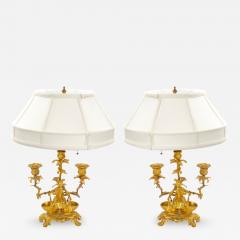 French Pair of Gilt Bronze Louis XVI Style Three Light Candelabra Table Lamps - 4796388
