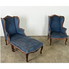 French Pair of Louis XV Wingback Bergeres Ottoman - 3919781