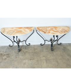 French Pair of Onyx Iron Demilune Consoles - 4798149