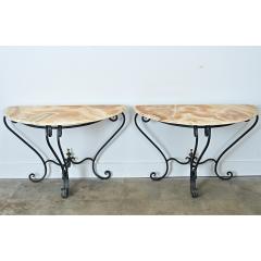 French Pair of Onyx Iron Demilune Consoles - 4798163