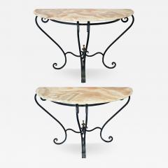 French Pair of Onyx Iron Demilune Consoles - 4801155