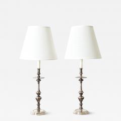 French Pair of Tall Silverplate Candlestick Lamps - 4444862
