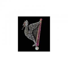 French Pearl Ruby Diamond Gold Griffin and Harp Brooch - 49435