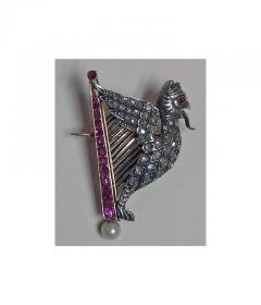 French Pearl Ruby Diamond Gold Griffin and Harp Brooch - 49436