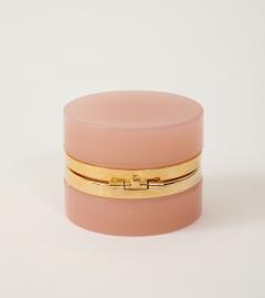 French Pink Mini Round Opaline Box with Polished Brass Mount Early 20th C  - 4179417