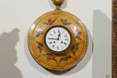 French Pocket Watch Shaped Wall Hanging T le Clock with Floral D cor circa 1800 - 3415297