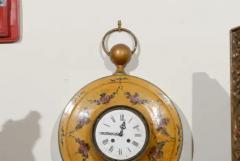 French Pocket Watch Shaped Wall Hanging T le Clock with Floral D cor circa 1800 - 3415298