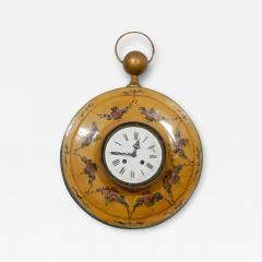 French Pocket Watch Shaped Wall Hanging T le Clock with Floral D cor circa 1800 - 3425297