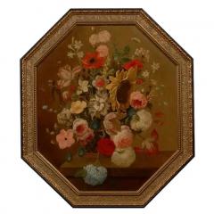 French Restauration Period 1820s Framed Octagonal Painting Depicting a Bouquet - 3415083