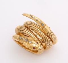 French Retro Gold Snake Serpent Wrap Bracelet with Rose Diamond Head and Tail - 3961825