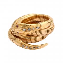 French Retro Gold Snake Serpent Wrap Bracelet with Rose Diamond Head and Tail - 3963980