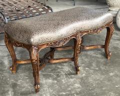 French Rococo Style Carved Two seat Bench with Embossed Leather Upholstery - 3337536