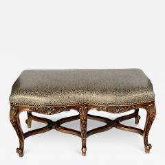 French Rococo Style Carved Two seat Bench with Embossed Leather Upholstery - 3341306