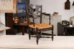 French Rustic Dark Oak 19th Century Childs Chair with Ladder Back and Rush Seat - 3558417