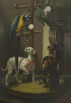 French Victorian Dogs and Parrot Oil Painting - 4516737