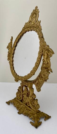 French Victorian Gilt Bronze Vanity Oval Table Mirror with Cherubs - 3382325