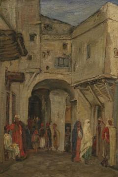 French Victorian Giltwood Framed Oil Painting of a Middle Eastern Street Scene - 4636244