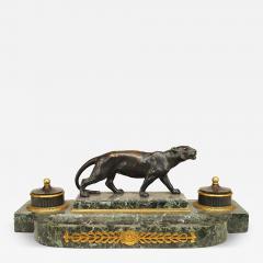 French Victorian Green Marble Inkwell with Tiger - 4631986