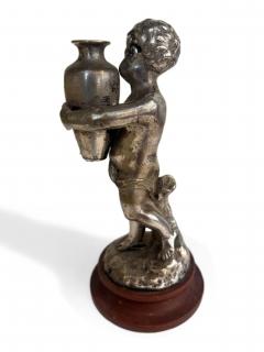 French Victorian small silver plate bronze cupid hold urn by L KLEY - 4671558