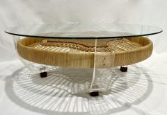 French Vintage 2 Tier Jacaranda Wood Weaved Rattan Sofa Table with Lucite Feet - 2696077