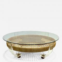 French Vintage 2 Tier Jacaranda Wood Weaved Rattan Sofa Table with Lucite Feet - 2700562