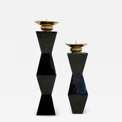 French Vintage Set of 2 Modern Black Lacquer Metal Geometric Cubist Candlesticks - 2861859