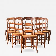 French Vintage Set of 8 Rush Seat Oak Dining Chairs - 4490845