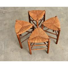 French Vintage Set of Four Oak and Rush Seat Triangular Stools - 4550143