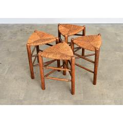 French Vintage Set of Four Oak and Rush Seat Triangular Stools - 4550146