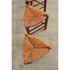 French Vintage Set of Four Oak and Rush Seat Triangular Stools - 4550147