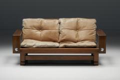 French Wooden Two Seater with Leather Cushions 1960s - 2702790