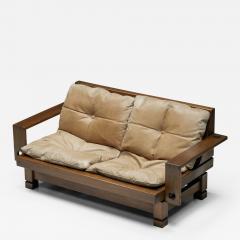 French Wooden Two Seater with Leather Cushions 1960s - 2709476