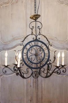 French Wrought Iron Six Light Clock Face Chandelier with Scrolling Arms - 3606051
